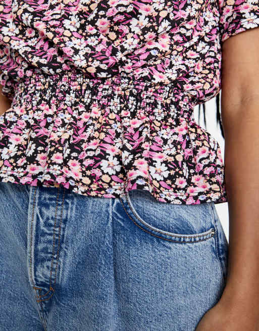 Pull&Bear – Rosablommig plisserad topp, 3 av 4