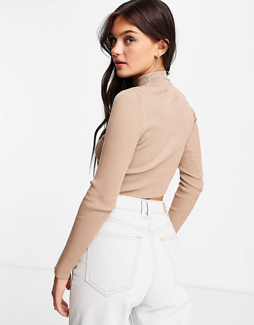  Pull&Bear round neck cropped ribbed jumper in beige 