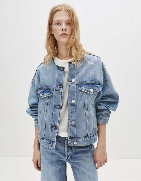 Pull&Bear Round neck trucker denim jacket in medium blue - view 1