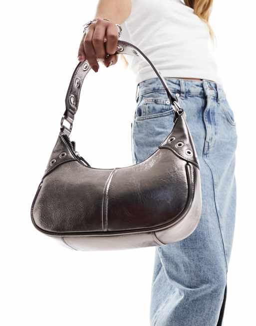 Pull&Bear rounded bag with eyelet detail in silver, 4 of 4