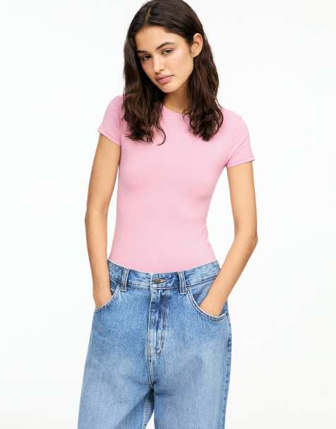 Pull&Bear – Różowe body z krótkimi rękawami z poliamidu - view 1