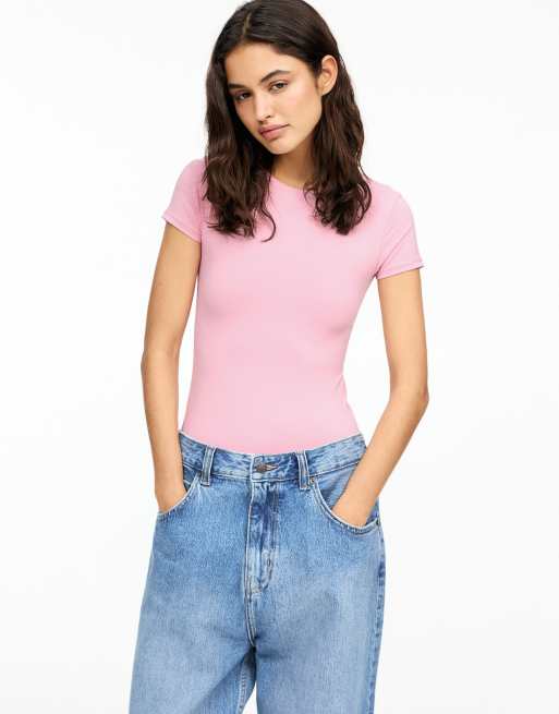 Pull&Bear – Różowe body z krótkimi rękawami z poliamidu