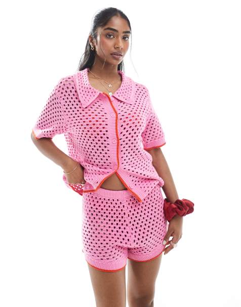 Pieces open knit short co-ord in pink and red