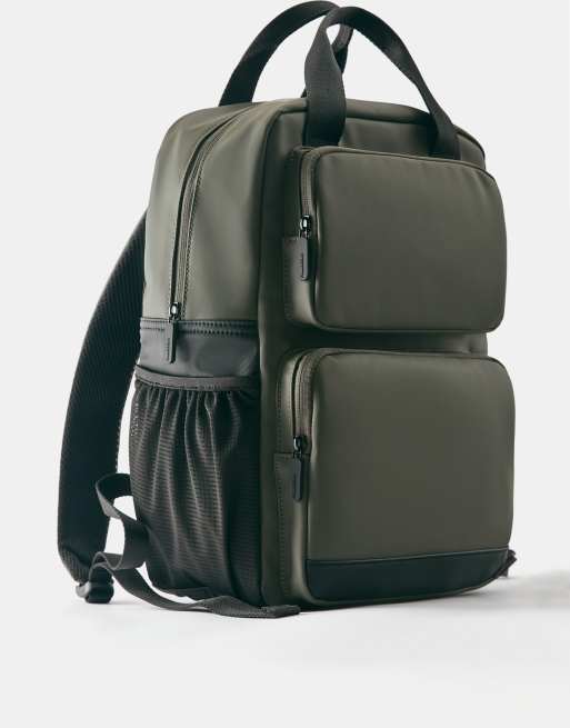 Pull&Bear Rubberised backpack in khaki, 4 of 6