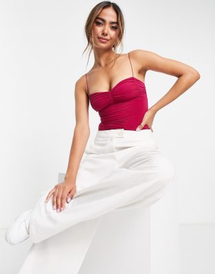 Pull&Bear ruched bust detail bodysuit in fuchsia