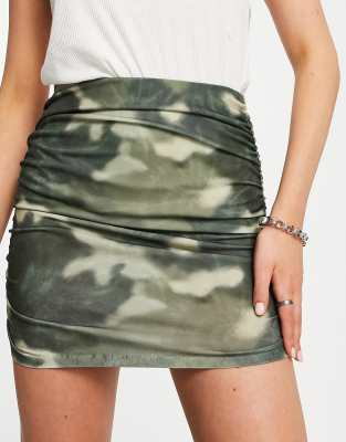 Pull & Bear ruched camo mini skirt in khaki-Green