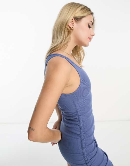Pull&Bear ruched detail racer mini dress in petrol blue, 3 of 4