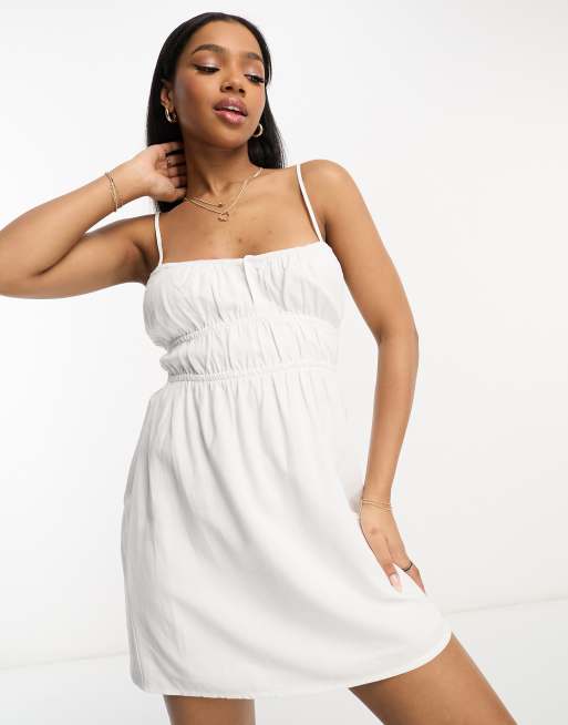 Pull Bear ruched detail strappy mini dress in white