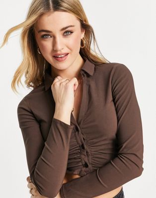 Pull&Bear ruched front button front shirt co-ord in brown