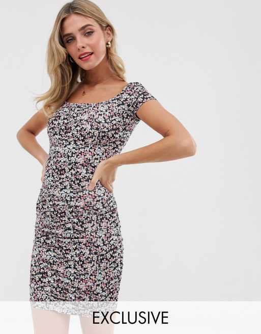 Pull&Bear ruched front dress in floral print ASOS