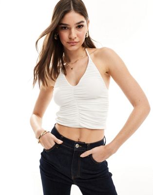 Pull&Bear ruched front halterneck strappy top in white