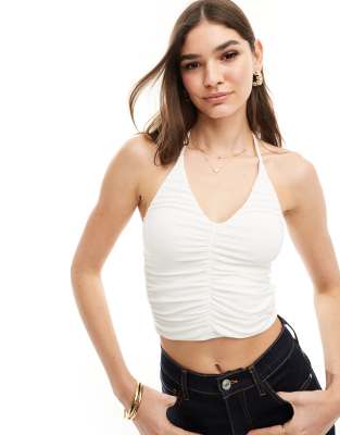 Pull&Bear ruched front halterneck strappy top in white