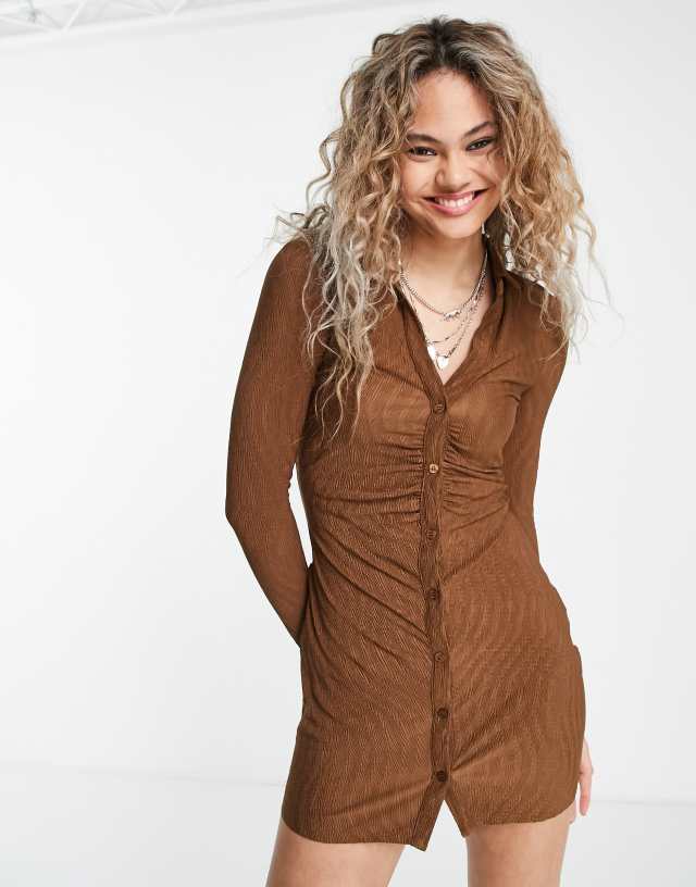 Pull&Bear ruched front long sleeve polo mini dress in brown