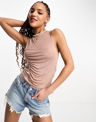 Pull & Bear Ruched Front Top In Pale Pink