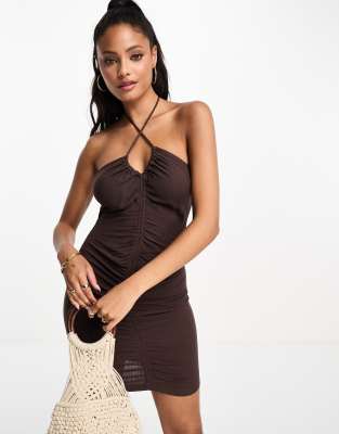 Pull & Bear Ruched Halterneck Mini Dress In Brown | ModeSens