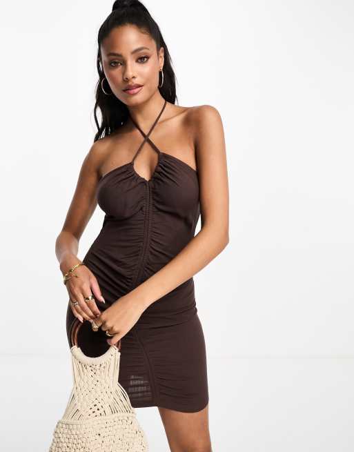 Pull&Bear ruched linen look halterneck mini dress in brown