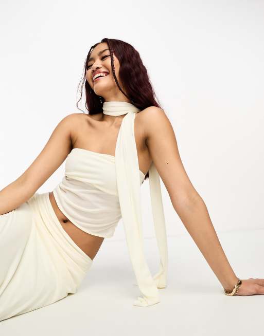 Pull&Bear ruched mesh top with neck tie in white - part of a set