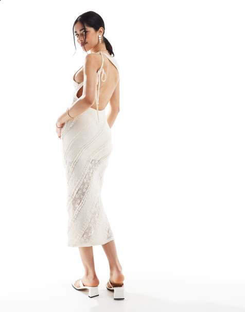 Pull&Bear – Rückenfreies Kleid aus Spitze in Weiß - view 1