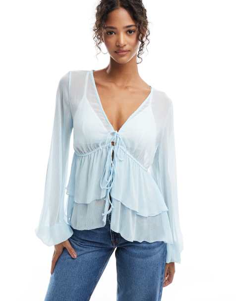 Pull&Bear ruffle detail blouse in light blue - view 1