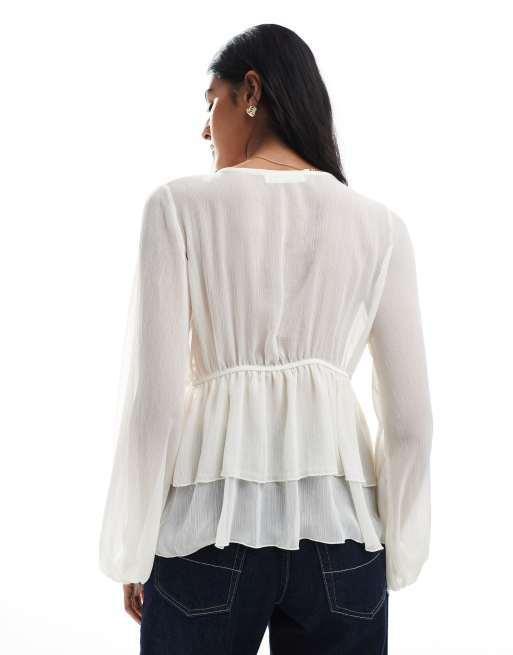 Pull&Bear ruffle detail blouse in white