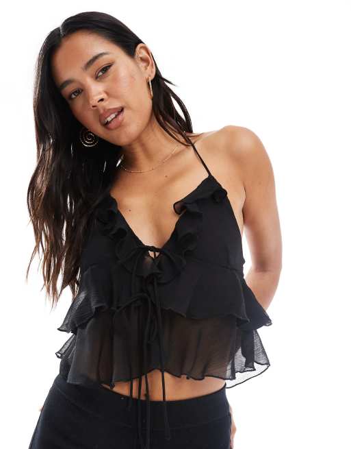 Pull&Bear ruffle detail strappy back cami top in black