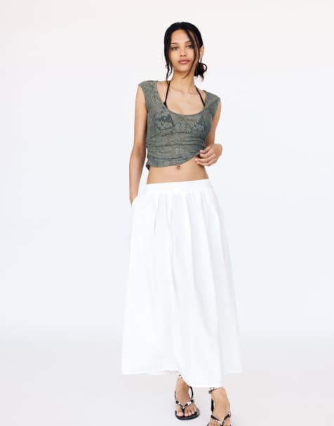 Pull&Bear ruffle midi skirt in white
