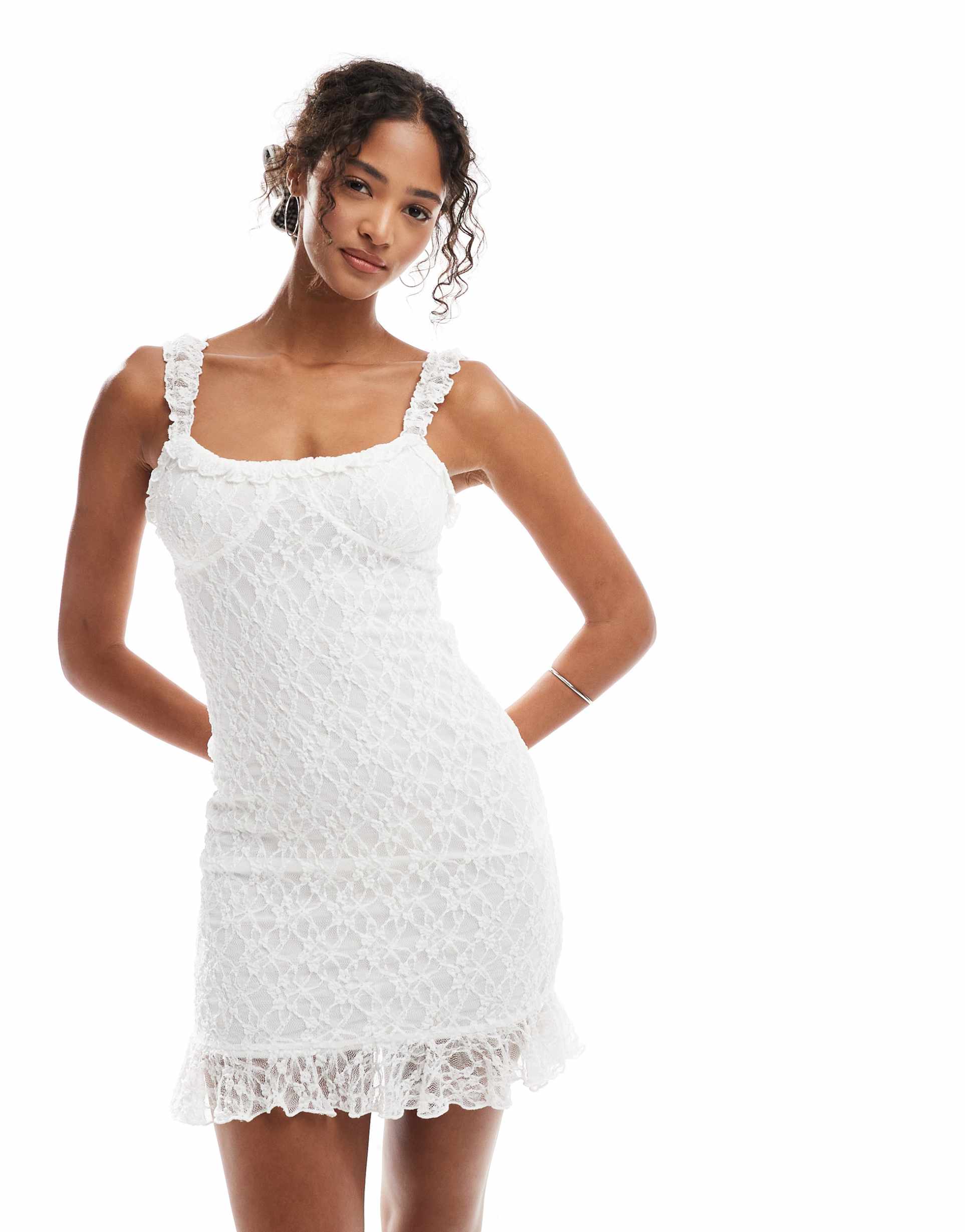 pull&bear ruffle trim lace mini dress in white