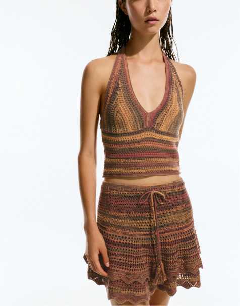 Pull&Bear Ruffled crochet mini skirt in terra cota - view 1