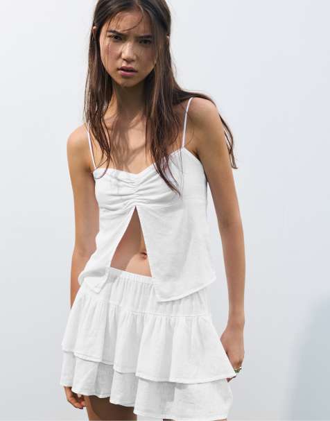 Pull&Bear Ruffled linen blend mini skirt in white