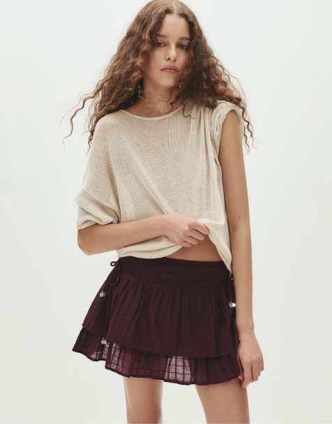 Pull&Bear Ruffled mini skirt with beads in burgundy - view 1