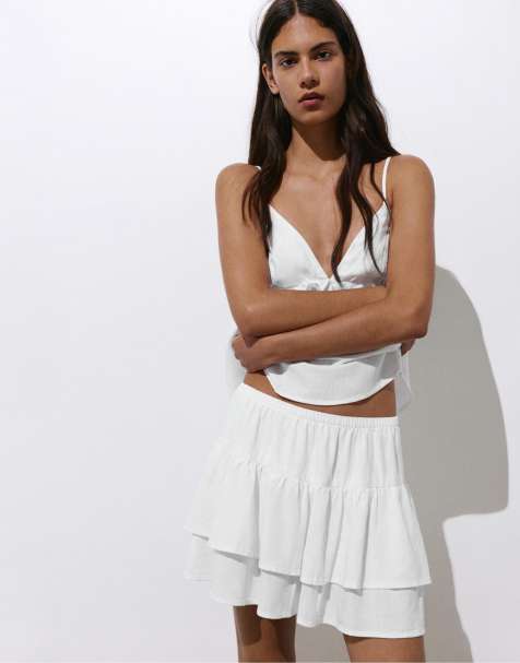 Pull&Bear Ruffled mini skirt with linen in white - view 1