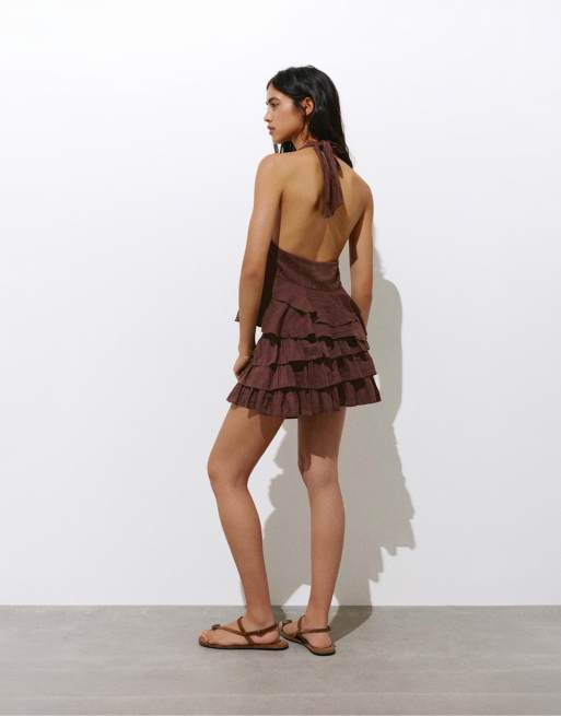 Pull&Bear Ruffled mini skirt with studs in brown, 3 of 3