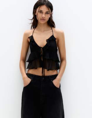 Pull&Bear ruffled top with bow in black - view 1