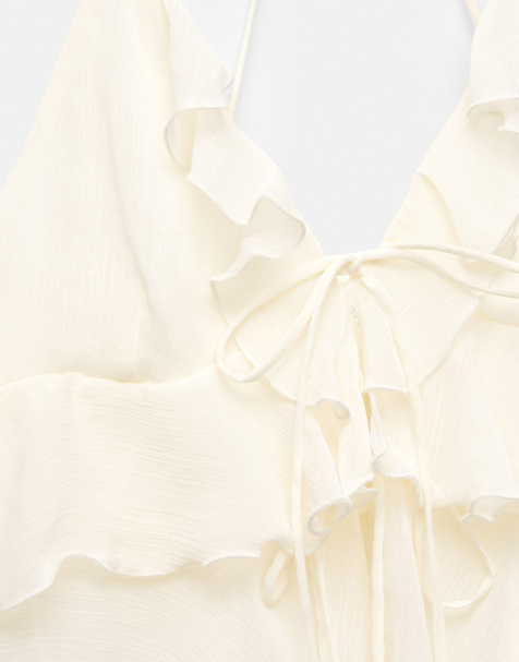 Pull&Bear ruffled top with bow in ice - view 1