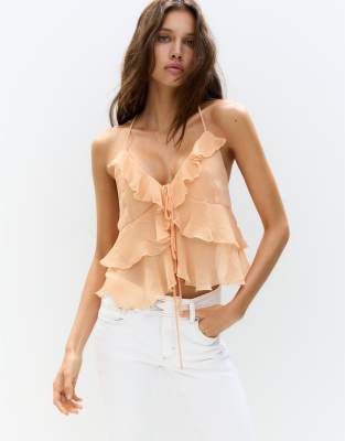 Pull&Bear ruffled top with bow in tangerine - view 1