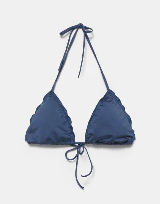 Pull&Bear Ruffled triangle bikini top in blue, 2 of 4