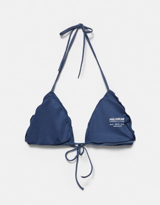 Pull&Bear Ruffled triangle bikini top in blue, 4 of 4