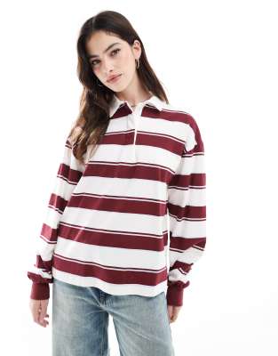 Pull&Bear Pull&Bear rugby top in burgundy & white stripe-Red