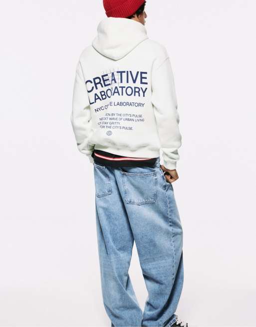 Pull&Bear ruime hoodie met print in gebroken wit, 5 van 7