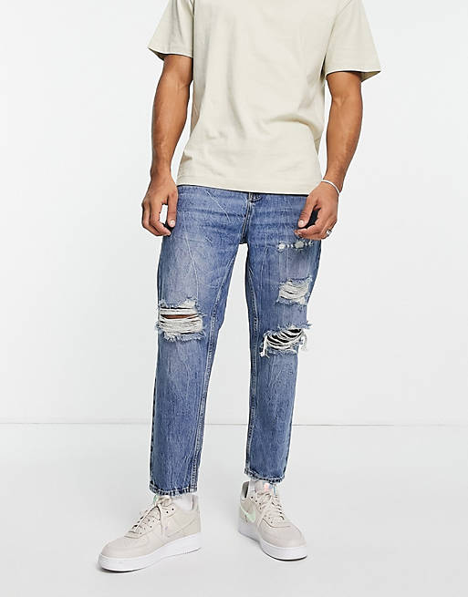 Pull&Bear - Ruimvallende jeans in middenblauw
