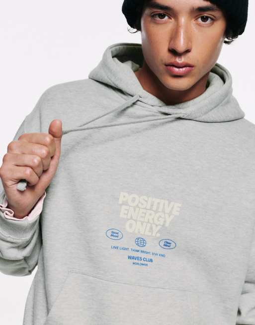 Pull&Bear ruimvallende sweatshirt met capuchon en print in gemêleerd grijs, 3 van 7