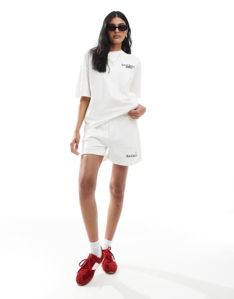 Pull&Bear – Running Club – Białe szorty z dżerseju z grafiką - view 1
