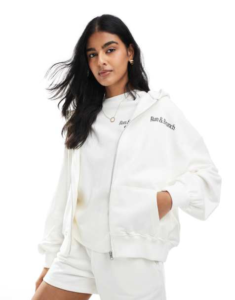 Pull&Bear – Running Club – Zapinana na zamek bluza oversize z kapturem w kolorze ecru - view 1