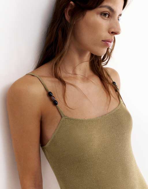 Pull&Bear Rustic beaded strappy dress in khaki, 3 of 5