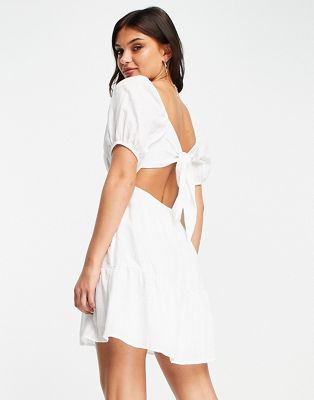 Pull&Bear rustic cotton boatneck mini smock dress with tie back detail in white