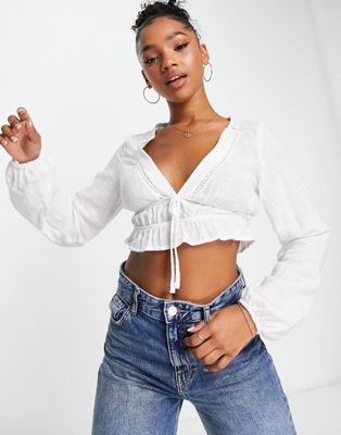 Pull&Bear rustic cropped v neck detail cotton blouse in white