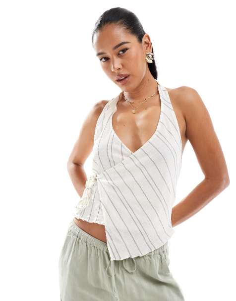 Pull&Bear rustic halter neck co-ord top in ecru stripe - view 1