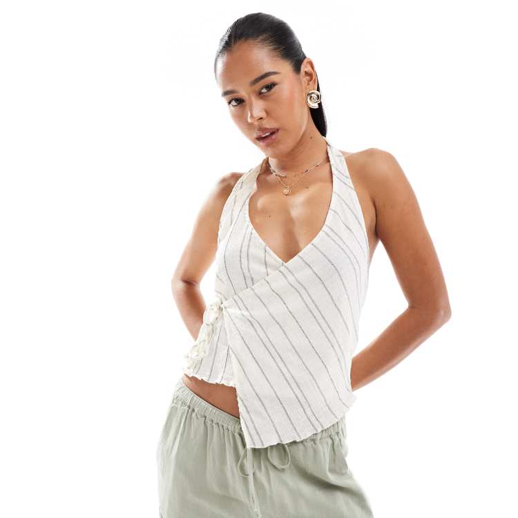 ★CERRIC★STRIPE HALTER NECK SLEEVELESS★1928★Brown★韓国★ Women's Suit Collar Striped Halter Crop Top Y2k 90s Vintage