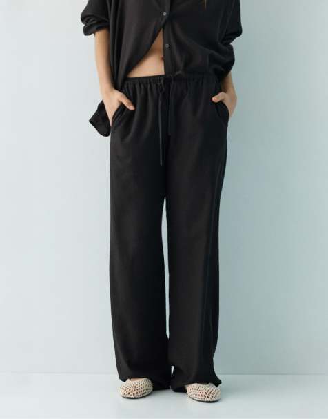 Pull&Bear linen blend jogger trousers in black