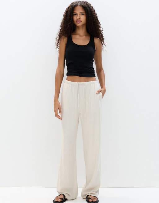 Pull&Bear rustic linen look wide leg pants in sand